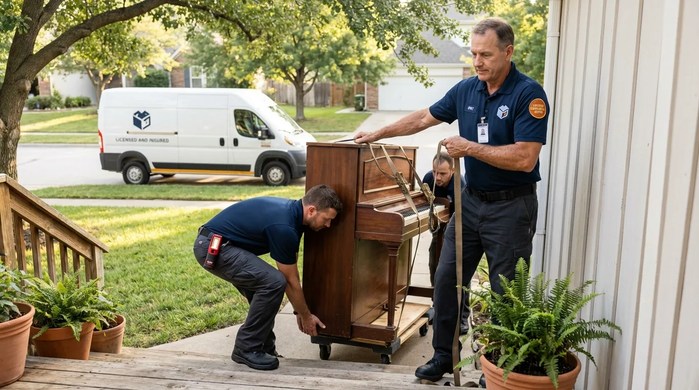 Licensed piano movers securing grand piano in Richland, MO