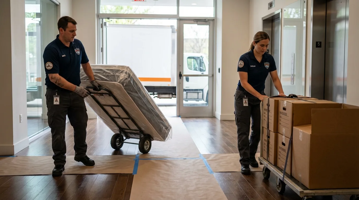 Professional apartment movers loading elevator in Richland, MO