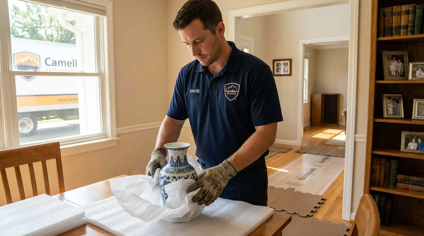 Professional crew carefully wrapping antique vase for senior downsizing move in Richland, MO